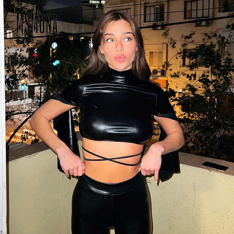 MsMona Áo Thun Da PU Cổ Cao Tay Dài Màu Đen Trơn Dáng Ôm Thời Trang 2022 Cho Bạn Gái