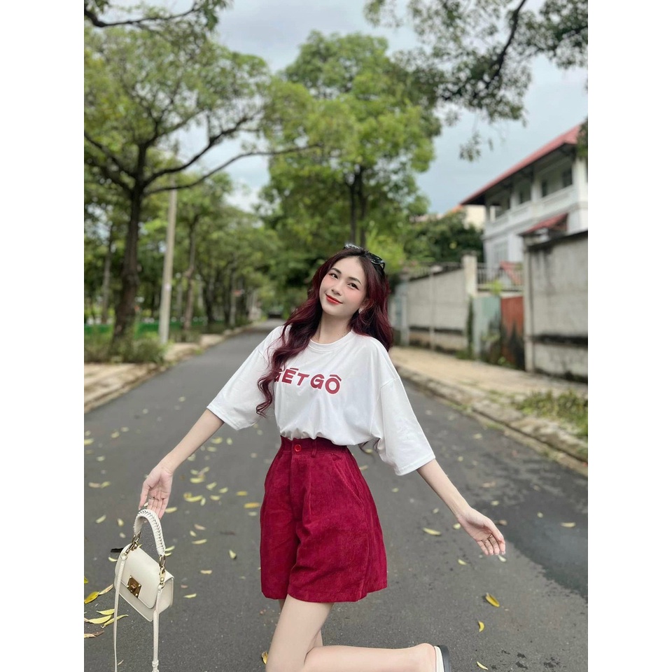 Sét bộ thời trang nữ mặc đi chơi áo cotton tay ngắn cổ tròn in chữ mix quần đùi chất tăm nhung cao cấp