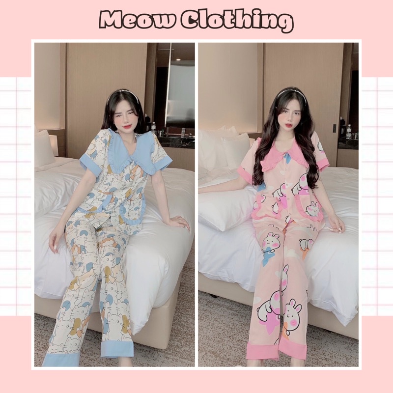 Đồ Bộ Mặc Nhà Pijama Tay Ngắn Quần Dài Chất Liệu Mango - Meow Clothing
