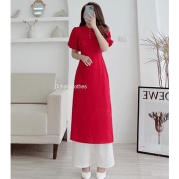 Áo Dài Gấm Đỏ, Áo Dài Cách Tân Tay Bồng Kèm Quần Suông Lụa Đủ Size Sang Trọng, Quý Phái.