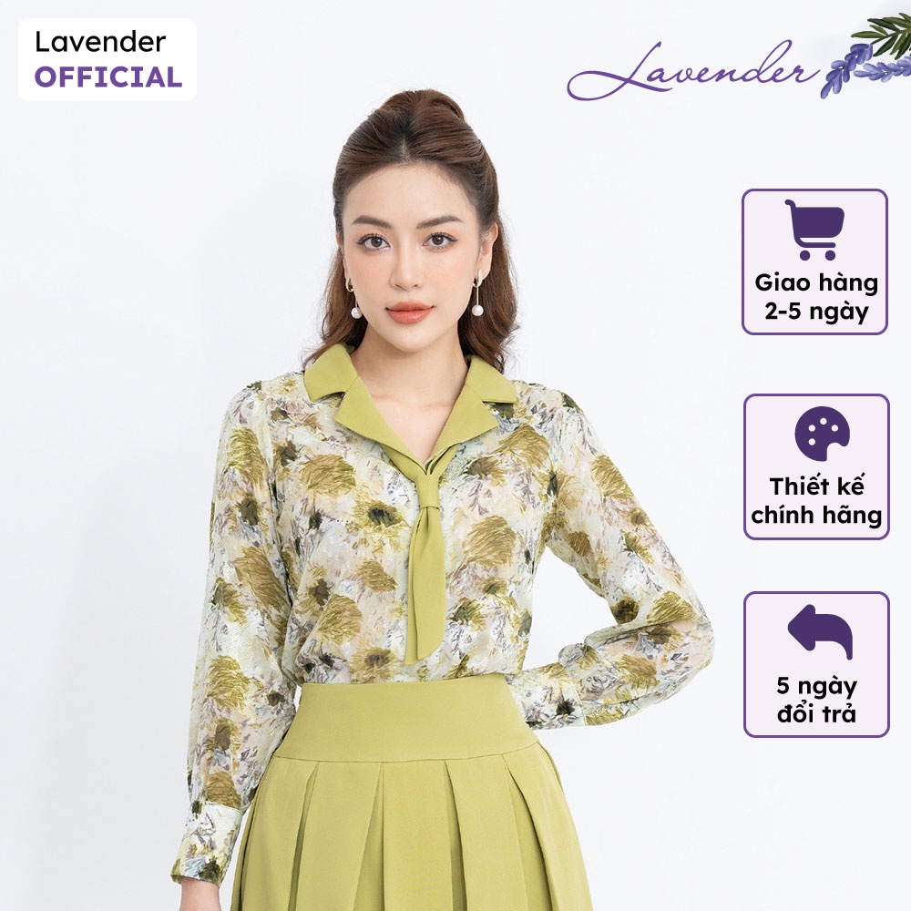 Áo sơ mi công sở nữ hoa to LAVENDER xanh cốm cổ ve tay dài phối vạt cao cấp A2449