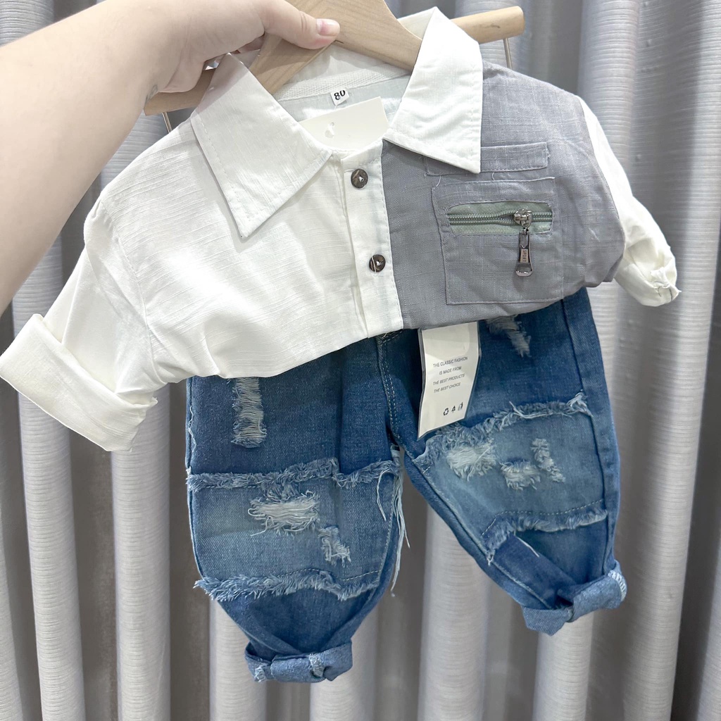 Quần jeans, quần bò dài thiết kế vá ống sành điệu cho bé 10-25kg