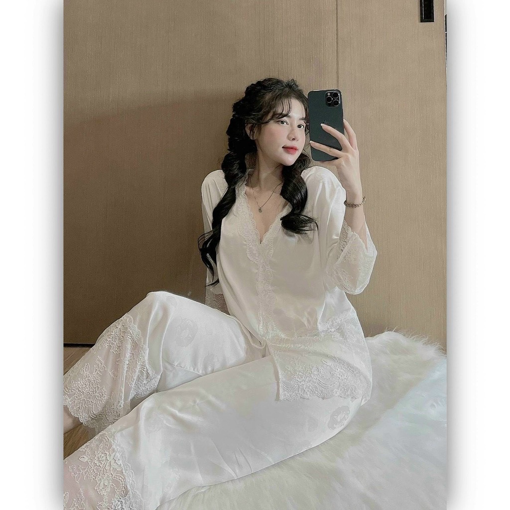 Đồ Pyjama nữa tay dài, đồ bộ mặc nhà dài tay viền ren tiểu thư