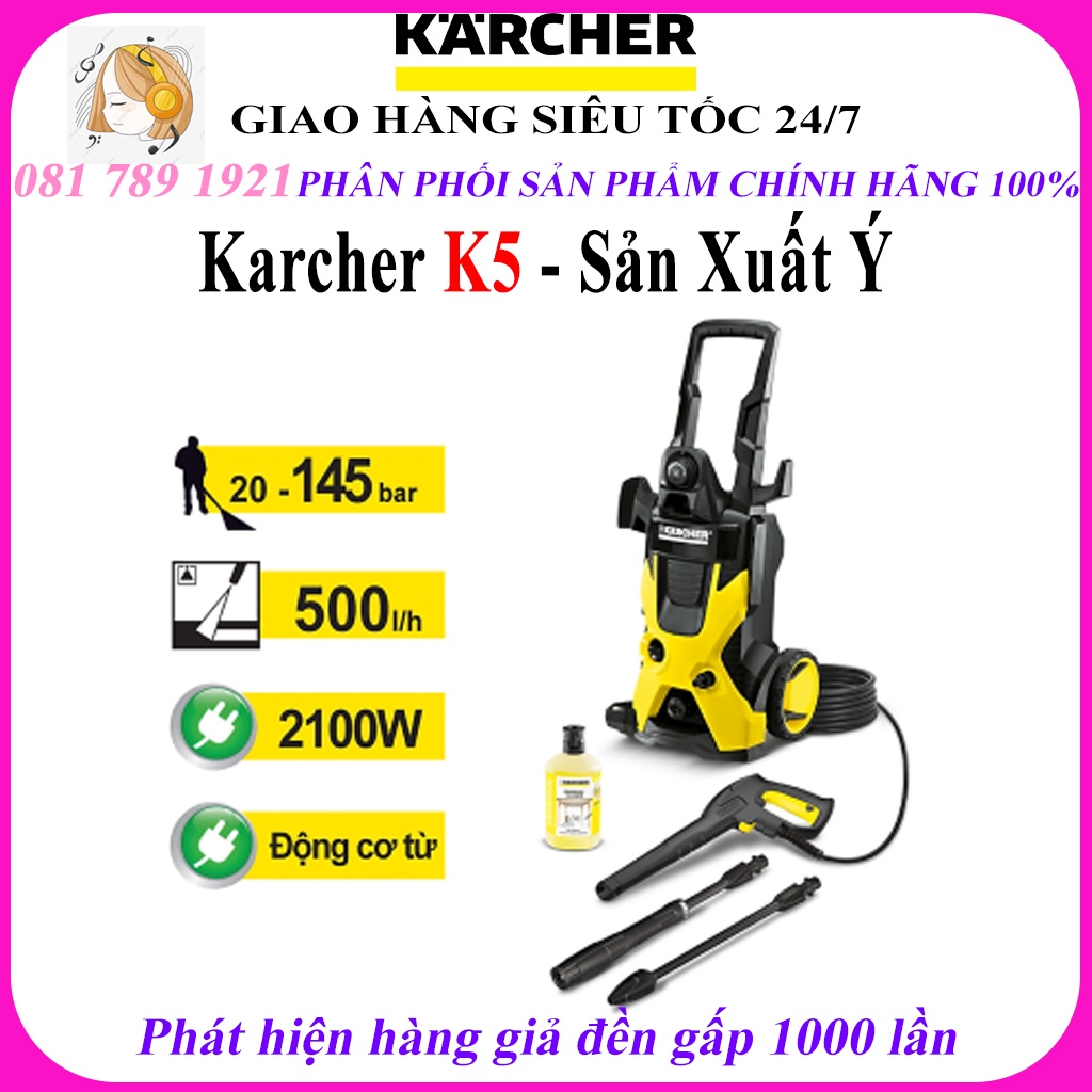 (Sản xuất Ý) Máy xịt rửa xe cao áp Karcher K5 động cơ từ công suất 2100w, áp lực 20-145 bar, lưu lượng nước 500l/h