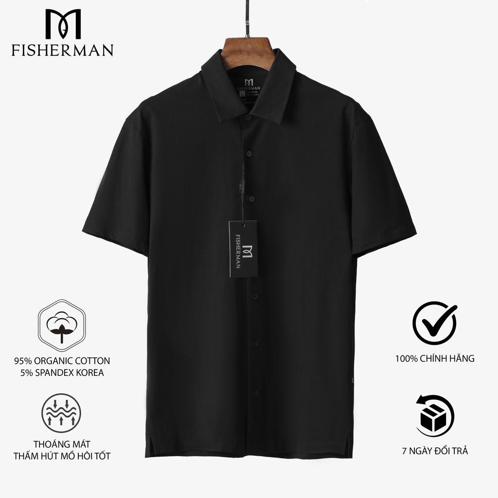Áo Sơ mi thun Scool Nam tay ngắn FISHERMAN Vải Cotton Đen CHARCOAL