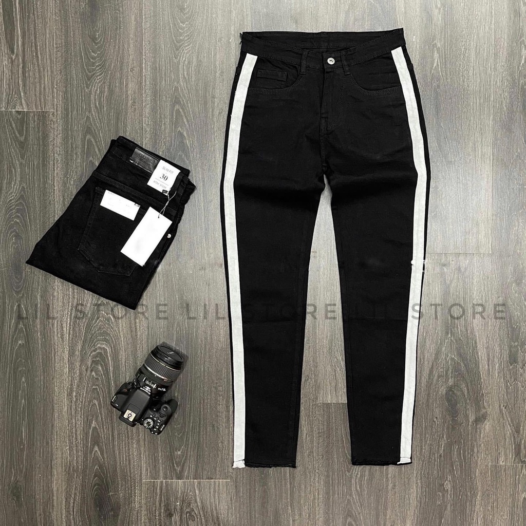 Quần jean nam đen trơn phối sọc chất bò co dãn form dáng body cao cấp AHFASHION