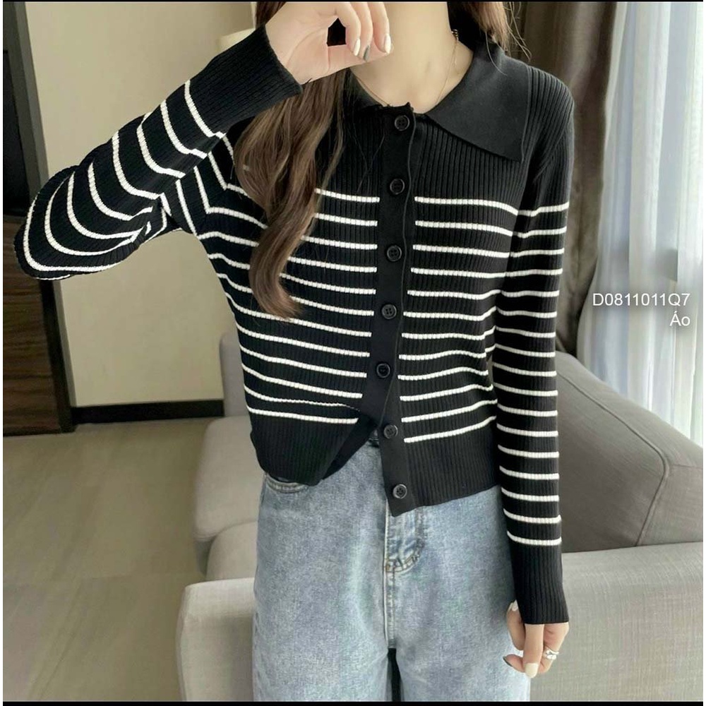 Áo len nút kẻ sọc cổ bẻ tay dài hàng đẹp QC!