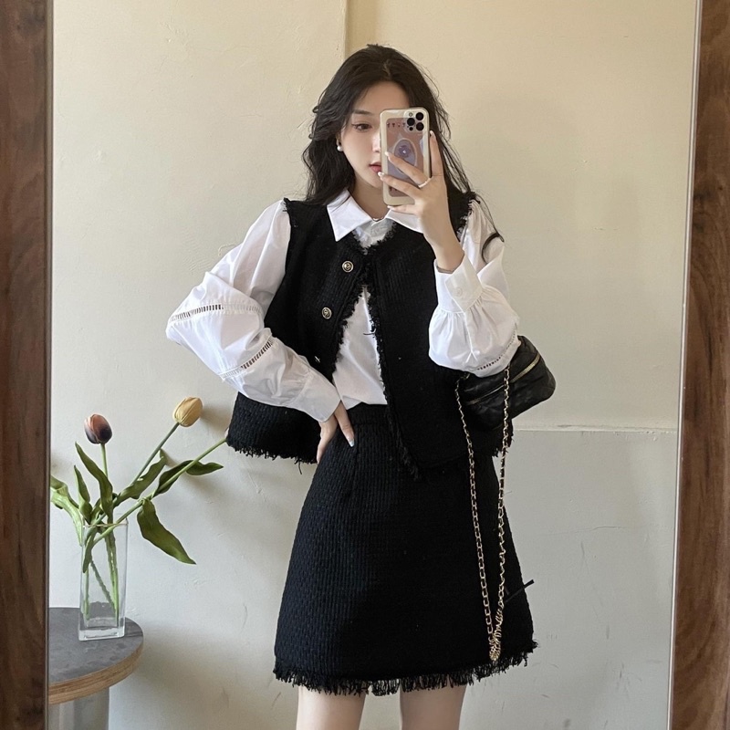Set Dạ Tweed 3 Món Áo Sơ Mi Trắng Kèm Áo Gile Chân Váy Tweed Tua Rua  Áo Gile Dạ Tua Rua