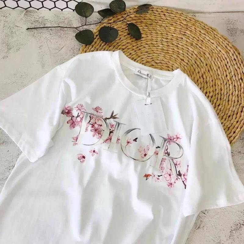 Áo Sơ Mi DIOR Vải Cotton Cổ Tròn Tay Ngắn Dáng Rộng Họa Tiết Hoa Màu Hồng Phong Cách Âu Mỹ Chất Lượng Cao Cho Nam Và Nữ
