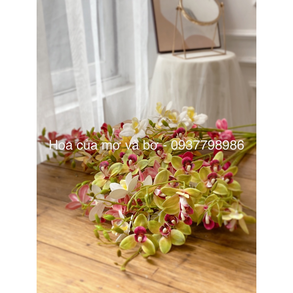 Cành Địa Lan Đông Á 3 Nhánh 10 bông Cao Su Cao Cấp MerBer Dài 90cm