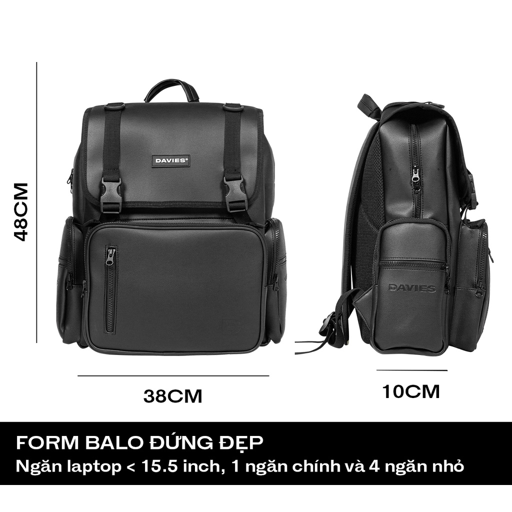 Balo đi học da nam nữ Davies màu đen Leather Box Backpack |D-P35