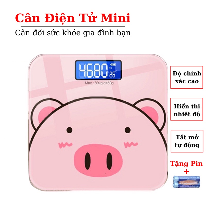 Cân Điện Tử Sức Khỏe Hình Con Gấu Hồng Cute - Thiết Kế Nhỏ Gọn, Mặt Kính Cường Lực, Hiển Thị Nhiệt Độ, Tặng Kèm Pin AA