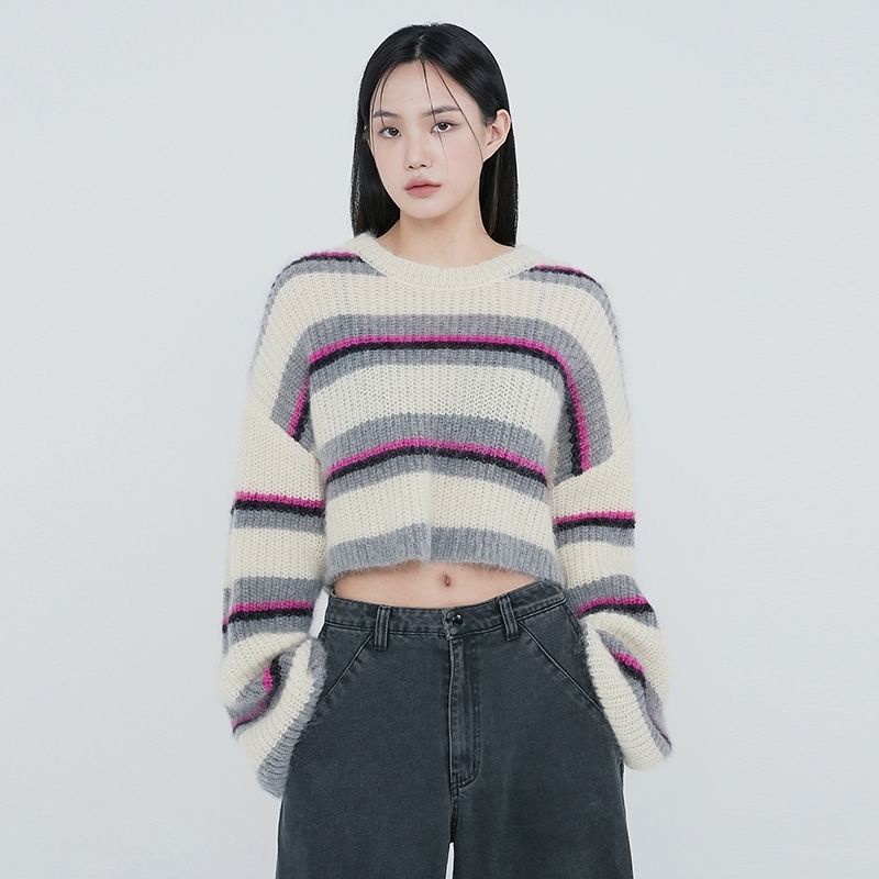 Áo Sweater Tay Dài Cổ Tròn Kẻ Sọc Màu Tương Phản Kiểu Retro Nhật Bản Thời Trang Thu Đông Cho Nữ