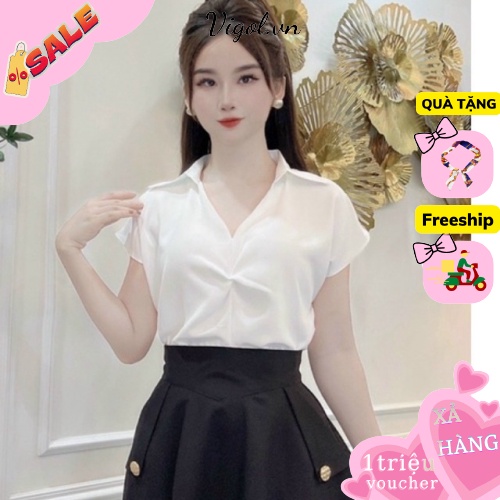 Áo sơ mi công sở xoắn ngực tay cộc chất tơ lụa mát