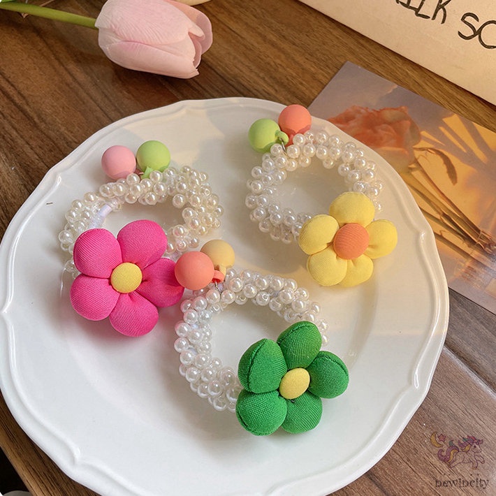 Dây Cột Tóc Cao Su Đính Hoa Và Ngọc Trai Phong Cách Hàn Quốc Cho Bé Gái