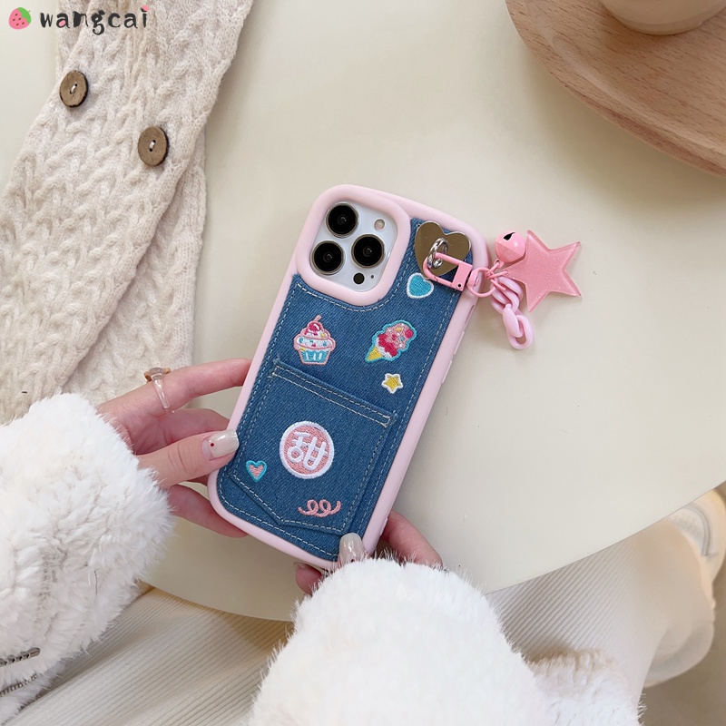 Ốp Điện Thoại Denim Thêu Hình Cô Gái Và Que Kem Cho iPhone 14 Plus 14 13 12 11 Pro Max