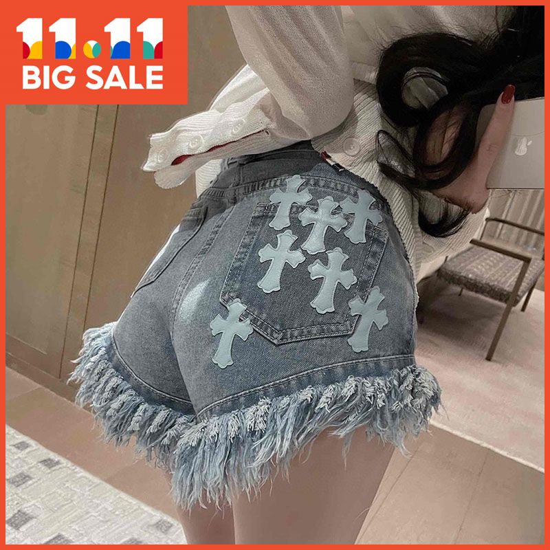 Quần short denim mỏng eo cao viền thô họa tiết thánh giá thiết kế mới thời trang hè năm 2022 bán chạy cho nữ