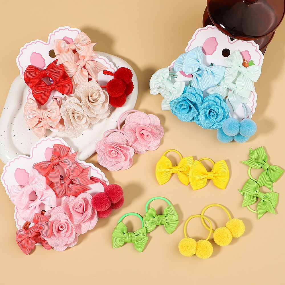 RainBow Bows Set 10 Dây Cột Tóc Co Giãn Đính Nơ Và Quả Bông Dễ Thương Cho Bé Gái