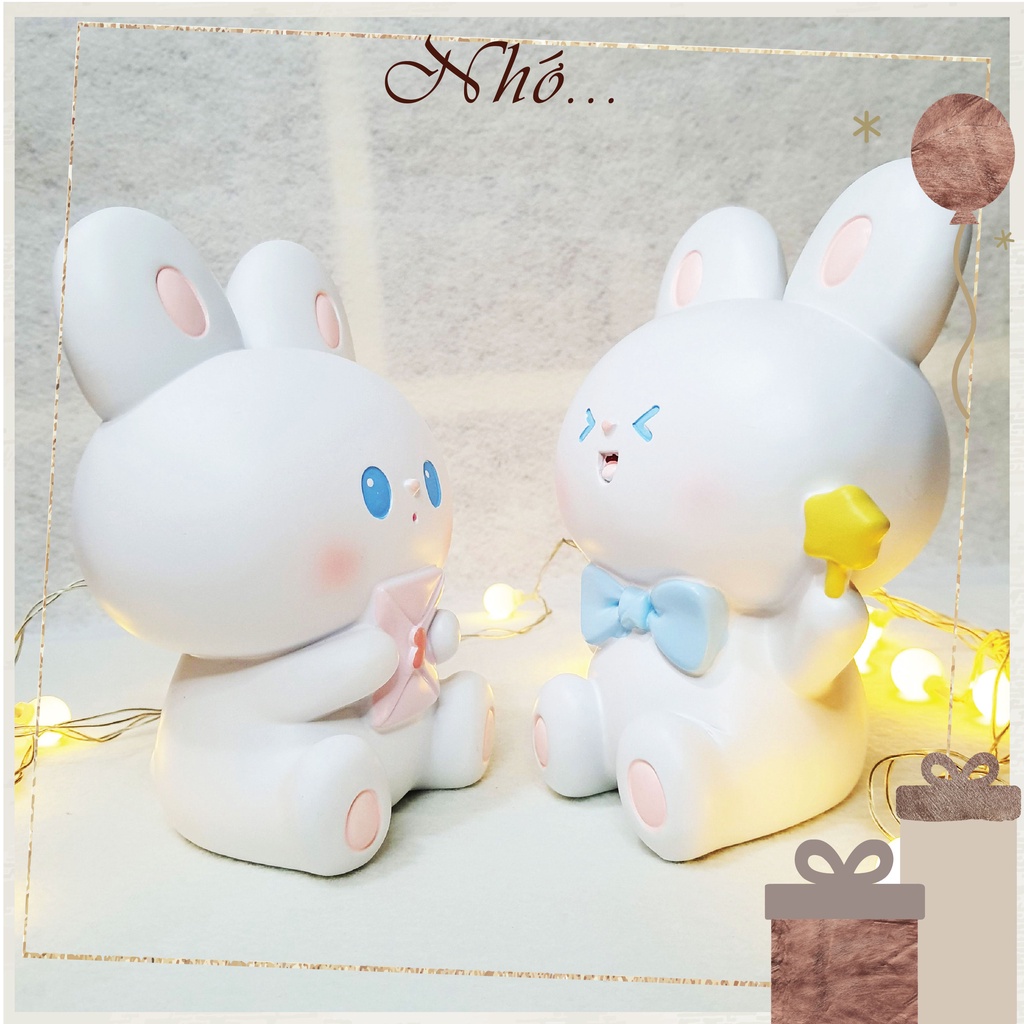 Ống Heo Đất Tiết Kiệm Hình Con Thỏ Thiệp Hồng-Nơ Xanh Cute, Quà Tặng Cho Bé Sinh Nhật Nhớ Gift Shop