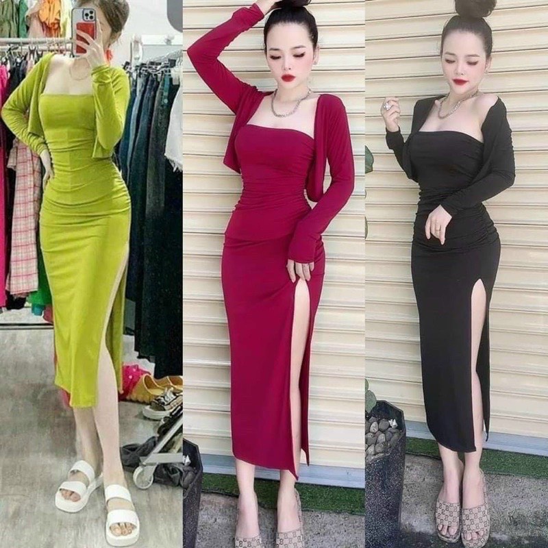 Set đầm ống ôm body dáng dài xẻ 1 bên kèm áo khoác ngoài dài tay chất thun gân