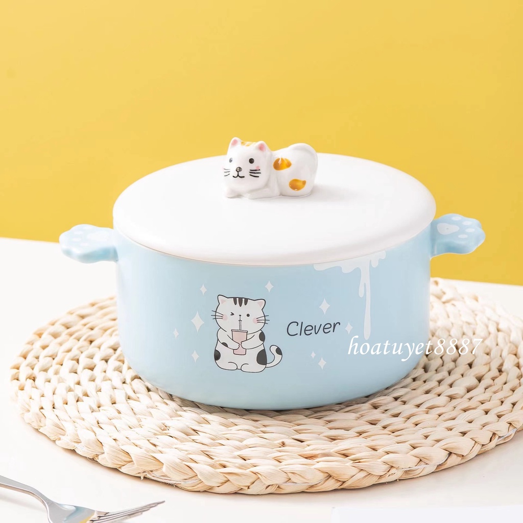 Tô ăn mì, bát tô đựng đồ ăn gốm sứ hình mèo dễ thương có nắp dung tích 900ml