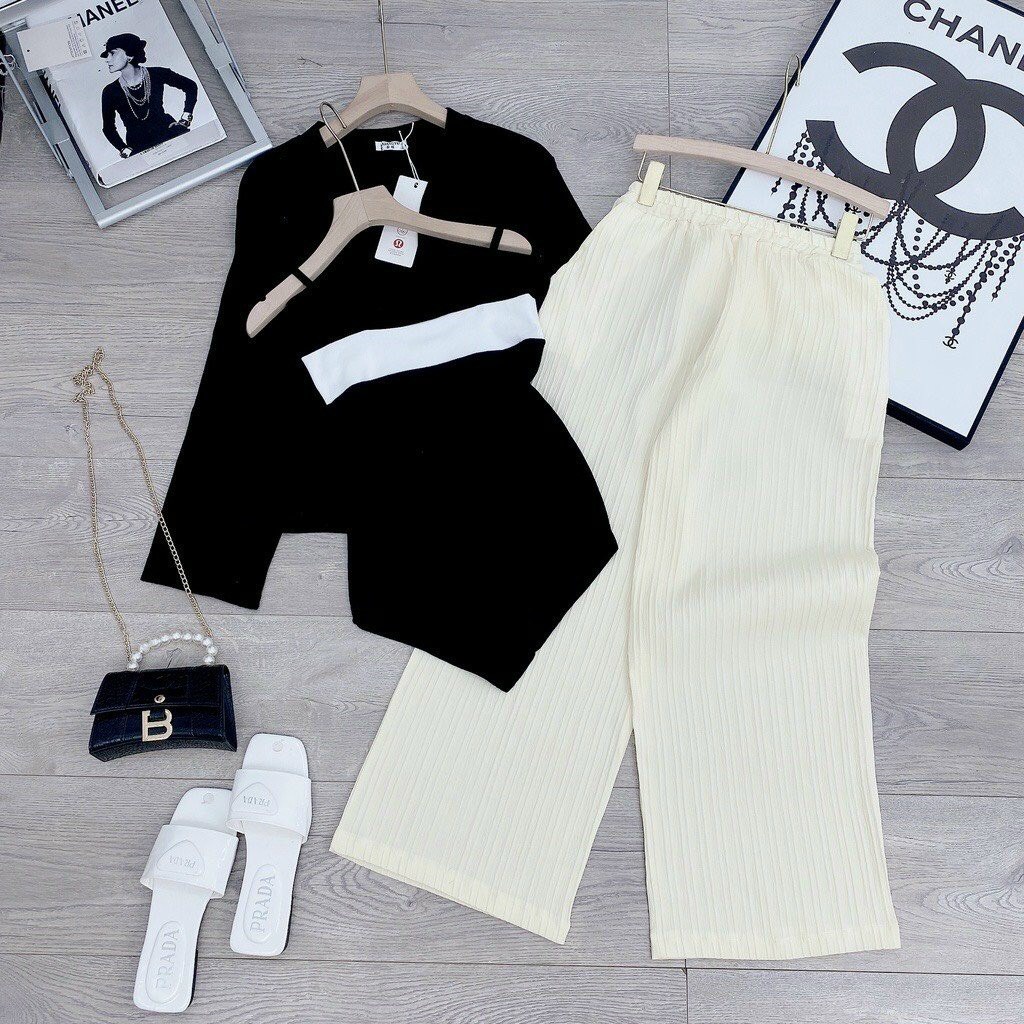 [12/12 Sale Freeship] Set bộ ba món thời trang nữ,set bộ áo hai dây đuôi chéo kèm áo khoác dài tay mix quần dài mtb