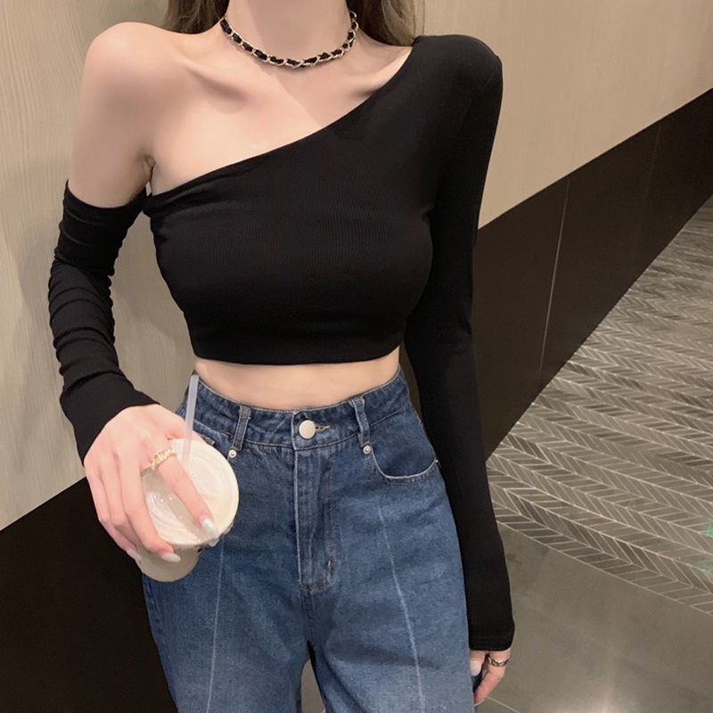Áo Thun Croptop Lệch Vai Tay Dài Màu Trơn Thời Trang Đường Phố Cho Nữ