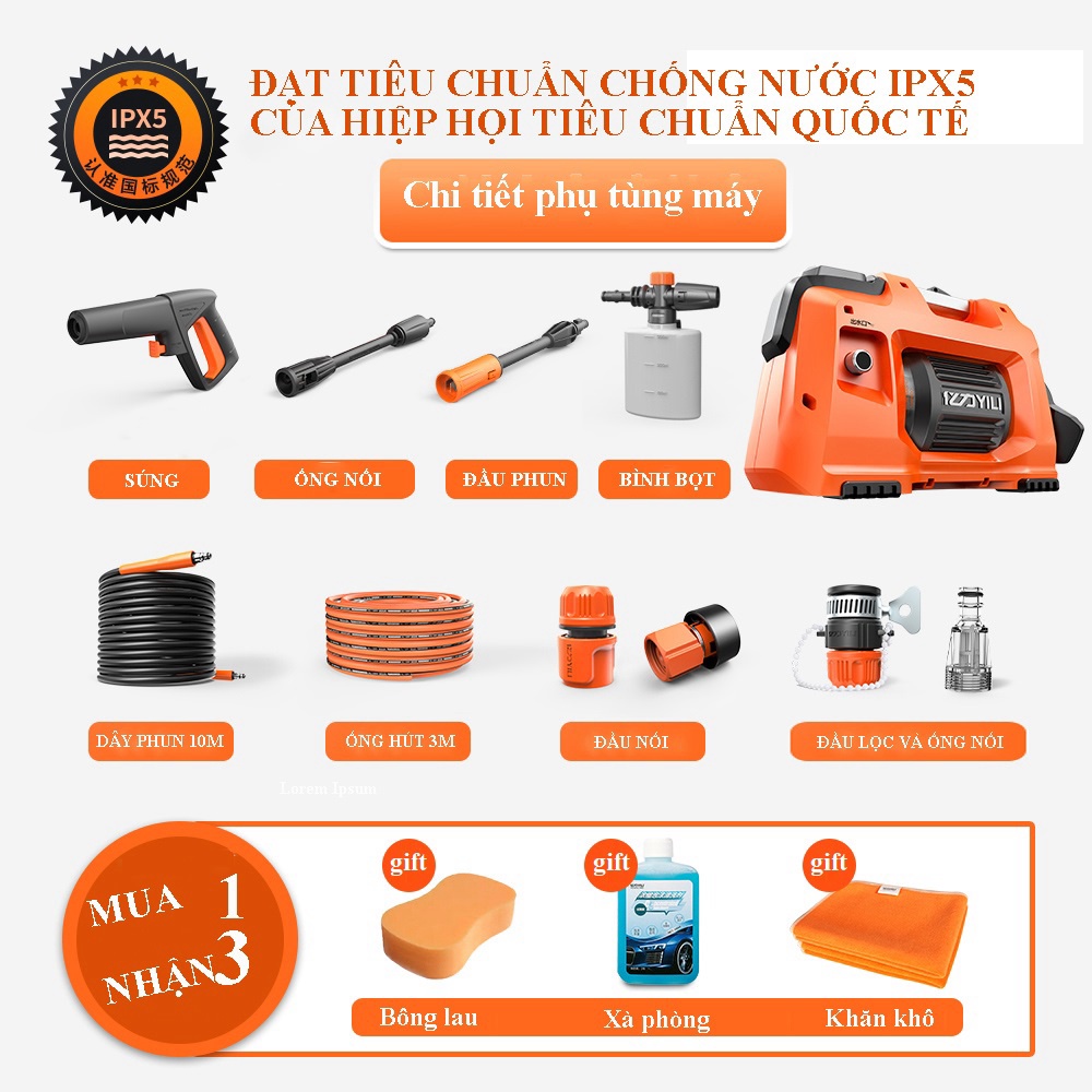 Máy Rửa Xe Áp Lực Cao Dùng Trong Gia Đình Yili Ylq4450G-O Tặng Kèm Nhiều Phụ Kiện Dùng Rửa Xe Cao Áp Ô Tô Xe Máy Mini Bả