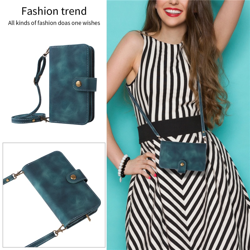 Ốp Điện Thoại Da Kèm Ngăn Đựng Thẻ Khóa Nam Châm Dây Dài Cho IPhone 14 13 12 Mini Pro Max Plus