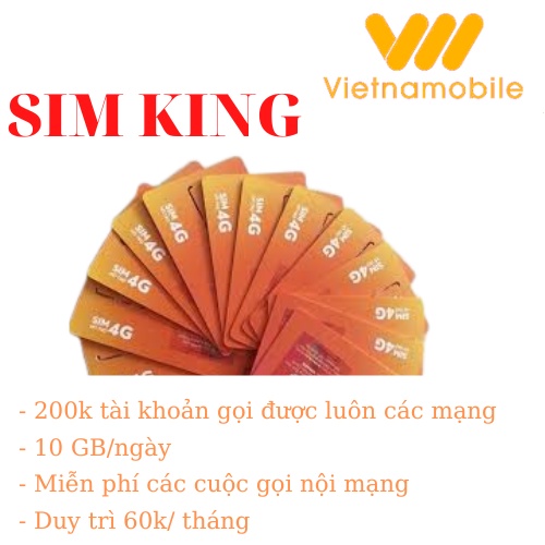 SIM KING/ KING PLUS vietnamobile data cực khủng 10gb/ngày 20gb/ngày 200k 400k tài khoản đàm thoại ngoại mạng