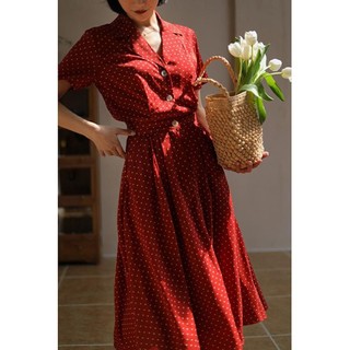 Đầm Dáng Dài Màu Đỏ Cà Phê Họa Tiết Chấm Bi Phong Cách Vintage Pháp Thời Trang Mùa Hè Cho Nữ 2024