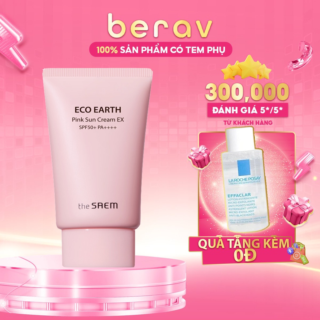 Kem Chống Nắng Dưỡng Ẩm, Trắng Da Mỏng Nhẹ, Ngăn Ngừa Tia UVA và UVB The Saem Eco Earth Pink Sun Cream Ex SPF50+ 50g