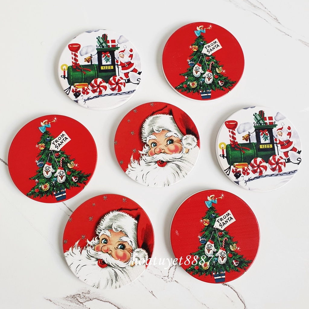 Lót ly giáng sinh, Lót ly cây thông noel, miếng lót cốc thấm hút nước gốm sứ cách nhiệt, chống trơn trượt