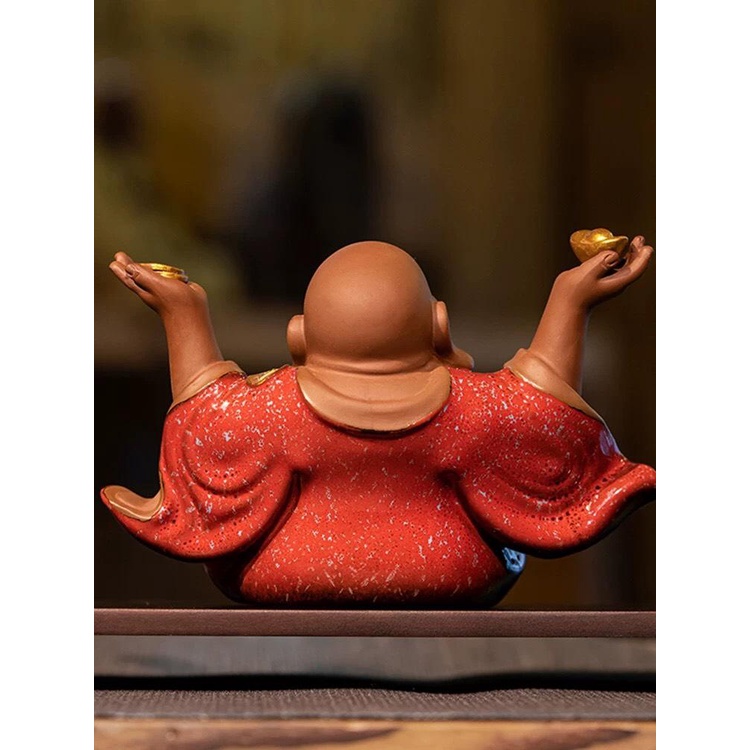 Tượng Di Lặc hoan hỉ tài lộc cỡ nhỏ cao cấp sắc nét men hỏa biến- Tượng Di Lặc gốm tử sa trang trí bàn trà, quà tặng