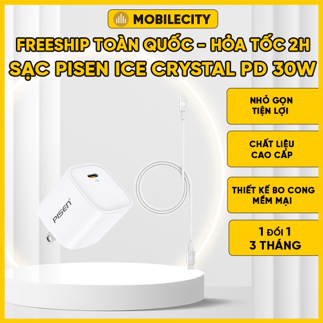 Combo sạc Pisen Ice Crystal PD 30W - BH 12 tháng, 1 đổi 1 - MobileCity