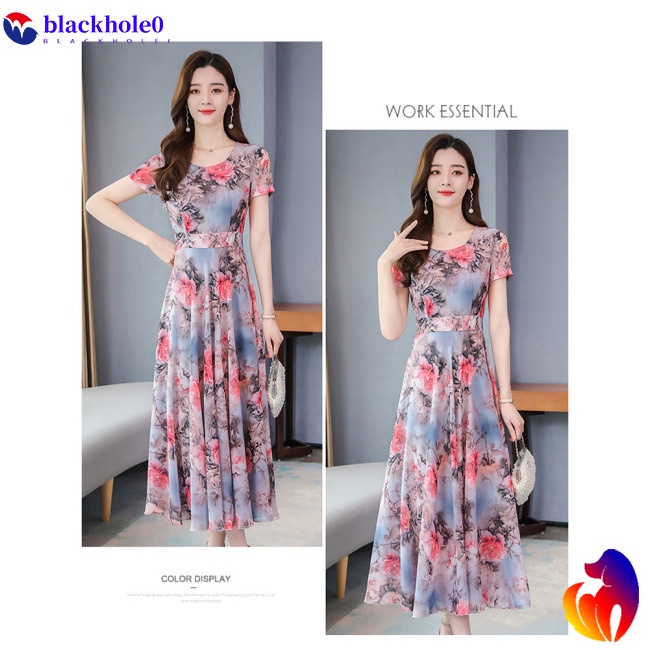 Đầm Dài Qua Gối Tay Ngắn In Họa Tiết Hoa Ngọt Ngào Lãng Mạn Cho Nữ