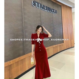 Đầm midi nhung đỏ đuôi cá tag nơ trắng