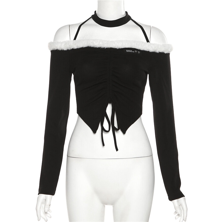Weird Puss Áo Croptop Trễ Vai Tay Dài Phối Lông Thời Trang Quyến Rũ Cho Nữ