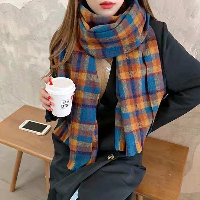 Khăn Choàng Cổ Dệt Kim Dày Dặn Họa Tiết Kẻ Sọc Kiểu Retro Hàn Quốc Thời Trang Thu Đông Cho Nữ