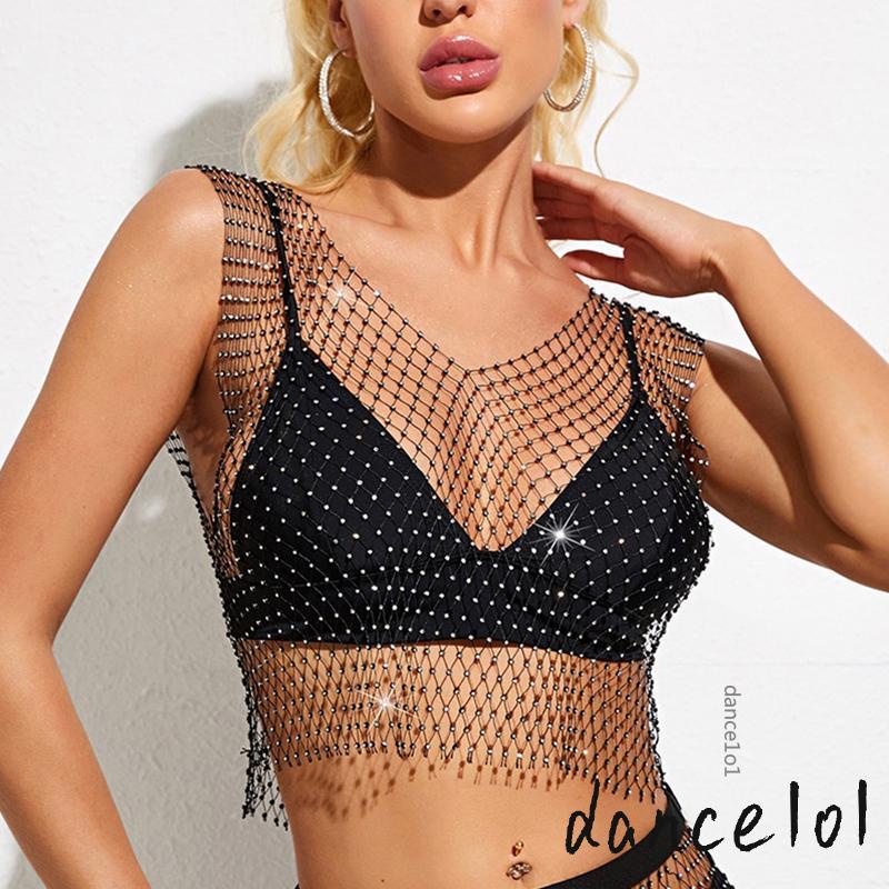 Lưới Ba Lỗ Đính Đá Sáng Bóng Cổ Tròn / Cổ Chữ V Không Tay Co Giãn Dành Cho Bạn Nữ