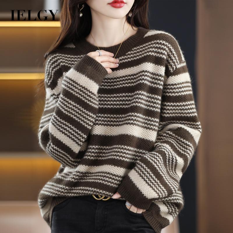 IELGY IELGY Áo sweater Cổ Tròn Dáng Rộng Kẻ Sọc Ngang Phong Cách Hàn Quốc Dễ Phối Đồ Cho Bạn Gái