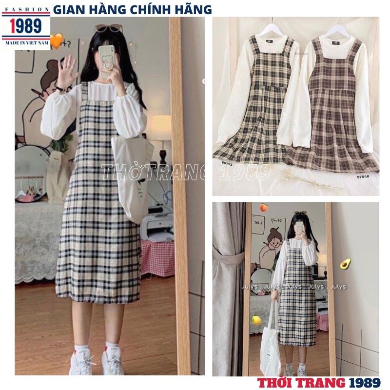 Sét yếm váy kèm áo thun dài tay kiểu dáng hàn quốc -váy yếm kèm áo thun dễ thương babydoll cực xinh -1989