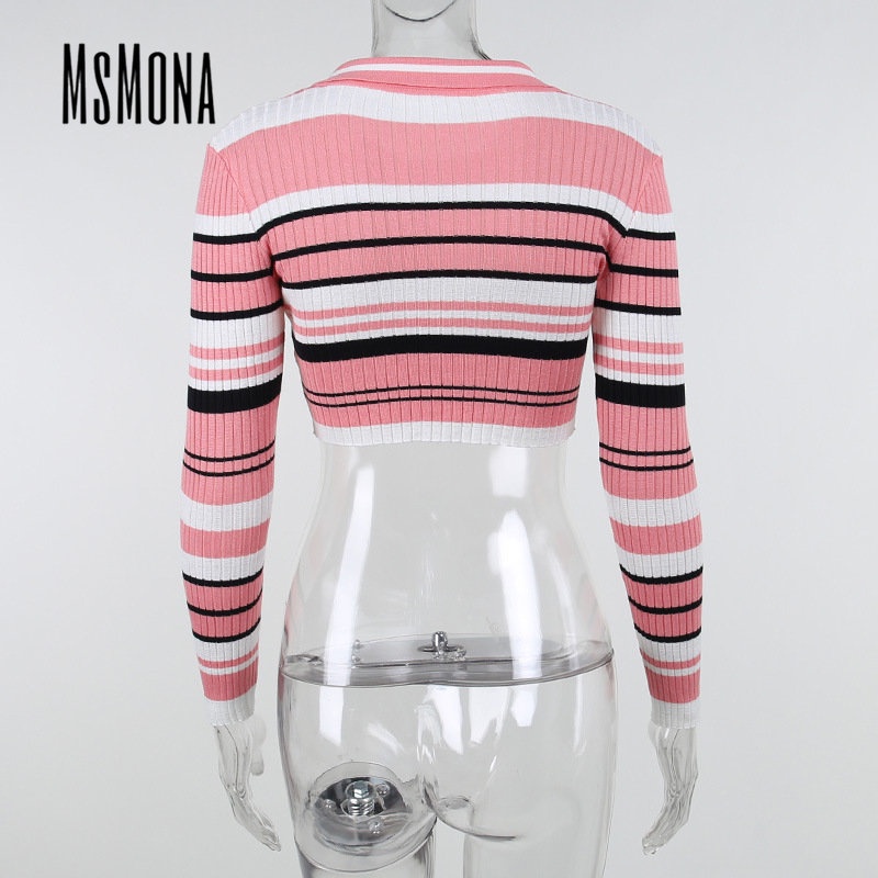 MsMona Áo Thun Polo Dệt Kim Tay Dài Dáng Ôm Họa Tiết Kẻ Sọc Màu Tương Phản Thời Trang 2022 Cho Nữ