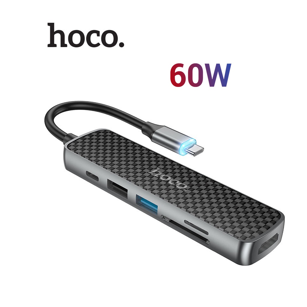 Hub đa năng Hoco HB24 sạc nhanh 60W đèn Led Type-C sang 1xUSB 3.0/2/0 + 4K/HD +PD Type-C + SD Micro
