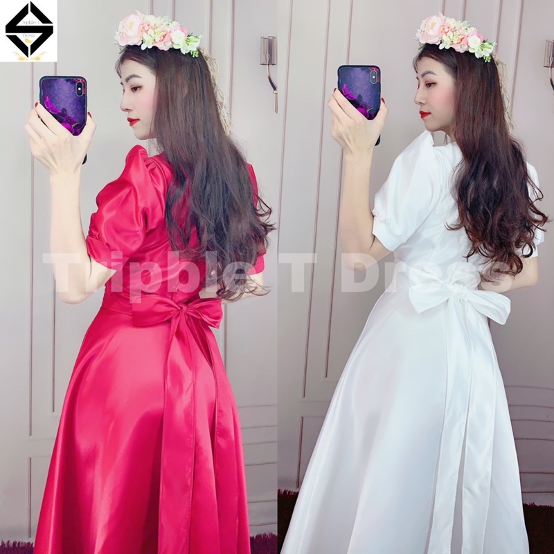 Đầm xoè cưới đi bàn nhẹ nhàng TRIPBLE T DRESS bo eo tay phồng nơ lưng - size S/M/L -MS103Y