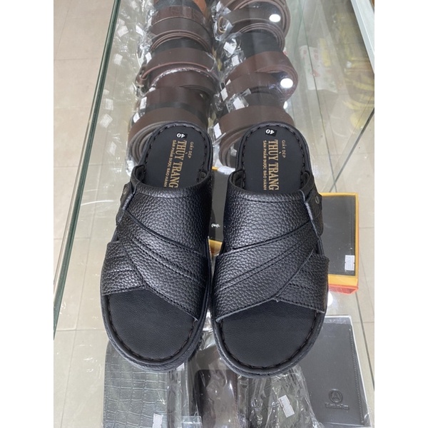 Dép nam quai ngang thời trang da ý đế cao su bản nút khâu viền chắc chắn