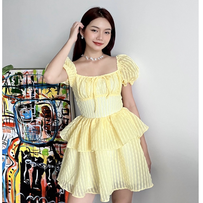 Đầm xoè SheByShj 2 tầng tay phồng màu vàng - Dahlia Dress