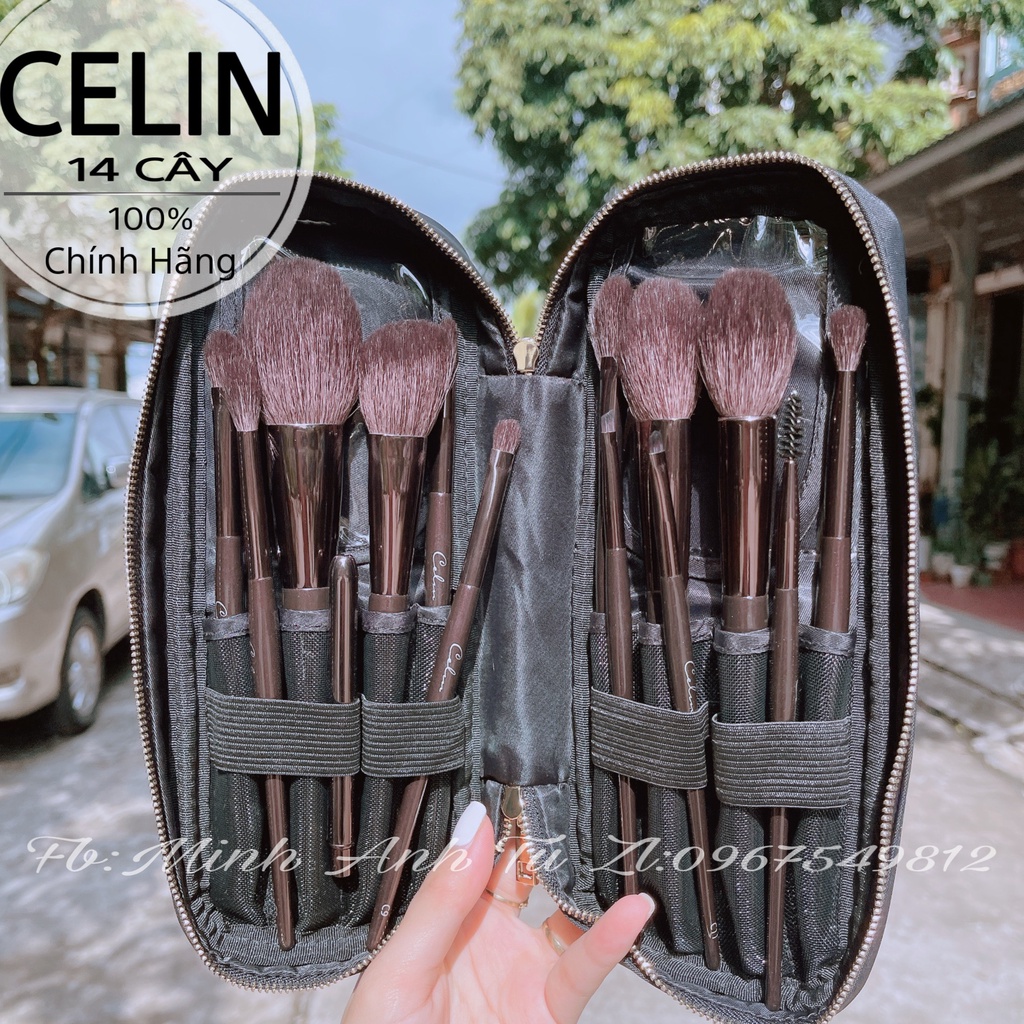 Bộ Cọ Trang Điểm Celin 14 Cây Lông Thú Siêu Mềm Bám Phấn Kèm Bao Đựng Cọ Chính Hãng [Ảnh Thật]