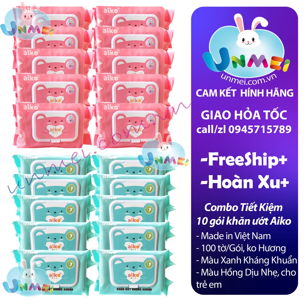 [HCM] 10 Gói Khăn Ướt Không Mùi Aiko Xanh - Hồng 100 tờ/Gói