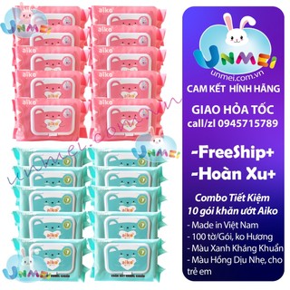 10 gói khăn ướt không mùi aiko xanh - hồng 100 tờ/gói